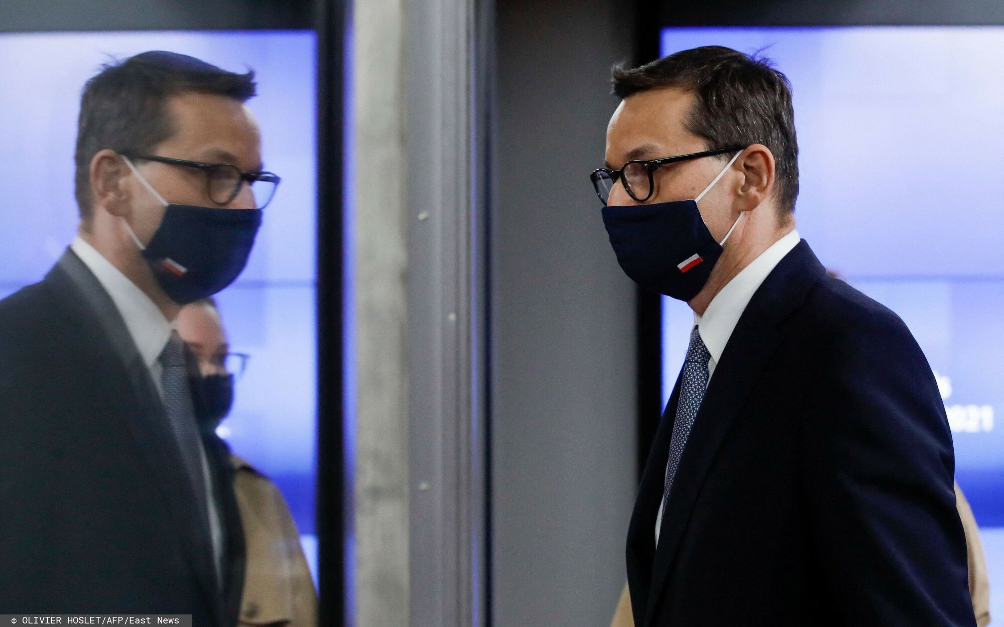 Poland's Prime Minister Mateusz Morawiecki leaves at the end of the first day of the EU summit at the European Council building in Brussels on May 24, 2021. - European Union leaders take part in a two day in-person meeting to discuss the coronavirus pande