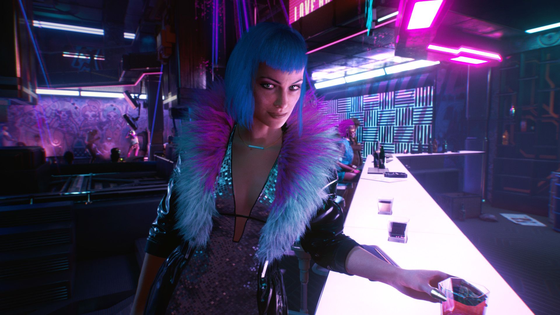 Screen z gry Cyberpunk 2077. Niebiesko-włosa kobieta przy barze.