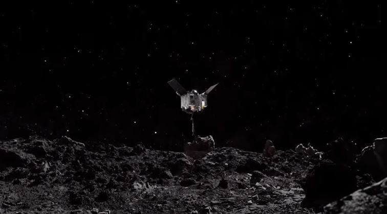 Wizualizacja lądowania sondy OSIRIS-REx na asteroidzie Bennu.