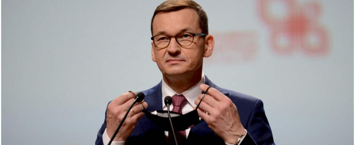 Poland's Prime Minister Mateusz Morawiecki speaks during a Visegrad Group (V4) meeting in Krakow, Poland, on February 17, 2021. - The Visegrad Group, an alliance between Poland, the Czech Republic, Slovakia and Hungary, celebrates its 30th anniversary. (P