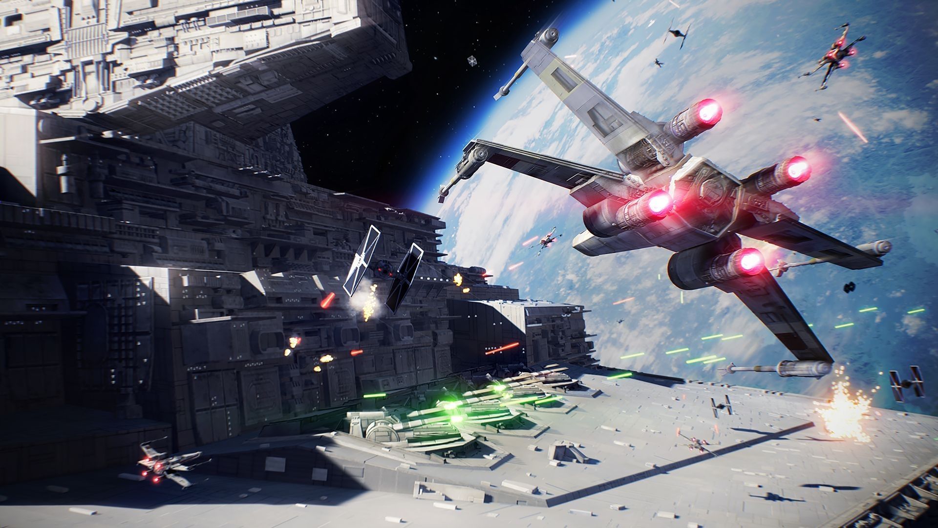 Pole kosmicznej bitwy w Star Wars Battlefront II z X-wingiem nacierającym na Tie Fightera