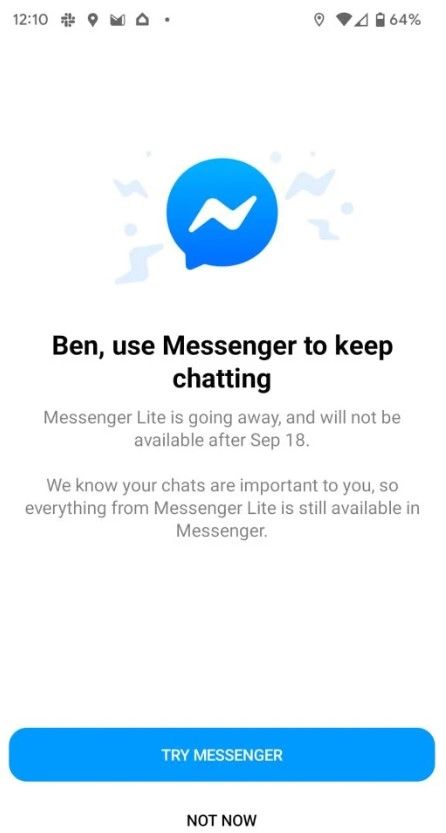 Messenger Lite, screen z komunikatora. Informacja, że Messenger Lite przestanie działać z dniem 18 wrześnie 2023 r. Użytkownicy są zachęcani do instalacji zwykłego Messengera.