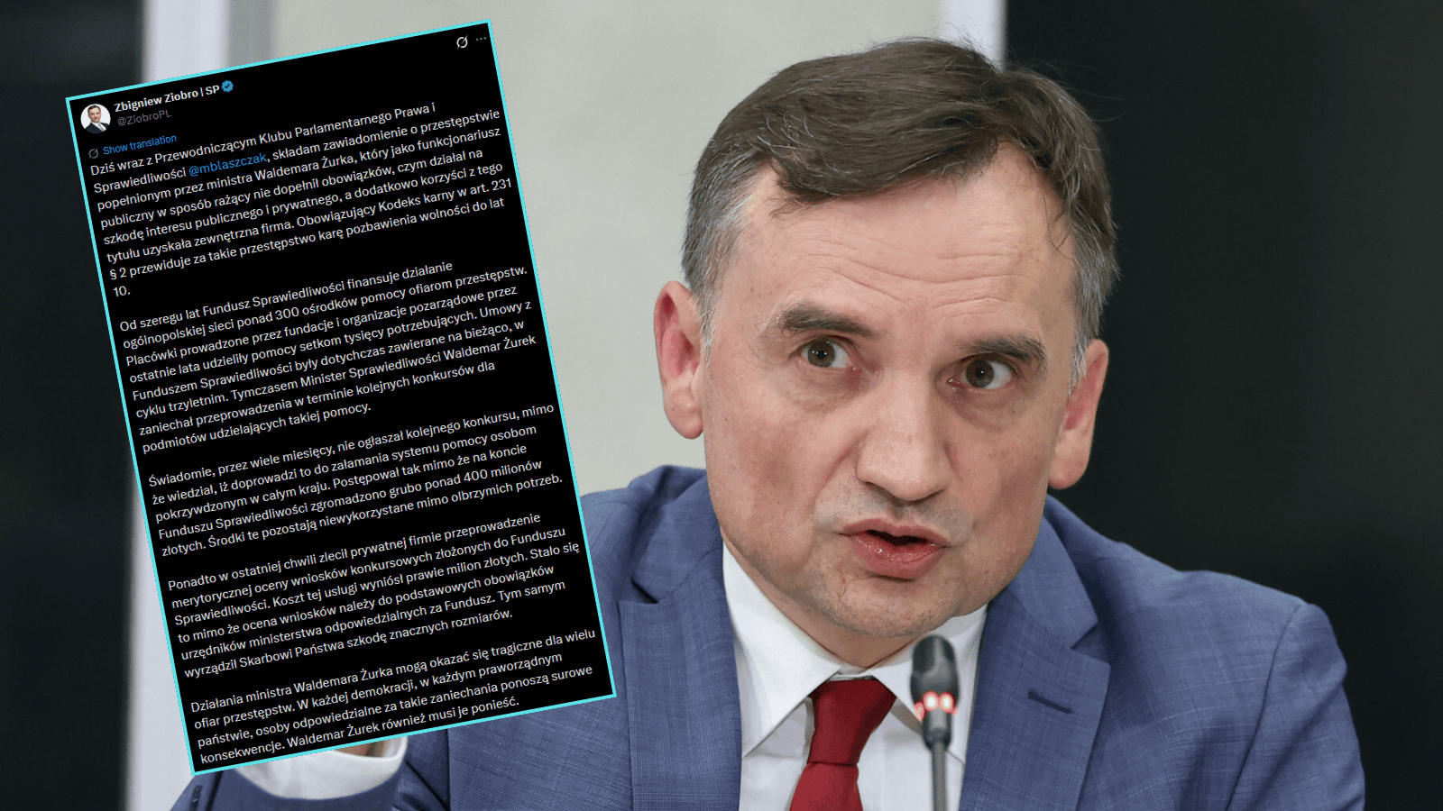 Ziobro składa zawiadomienie na Żurka. Wszystko na chwilę przed decyzją ws. aresztu