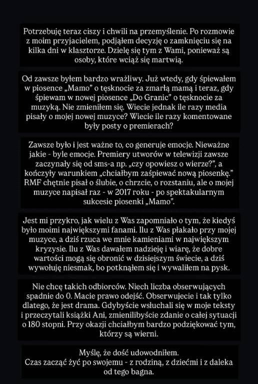 Polski muzyk zamknął się w klasztorze. Komunikat nie pozostawia żadnych złudzeń