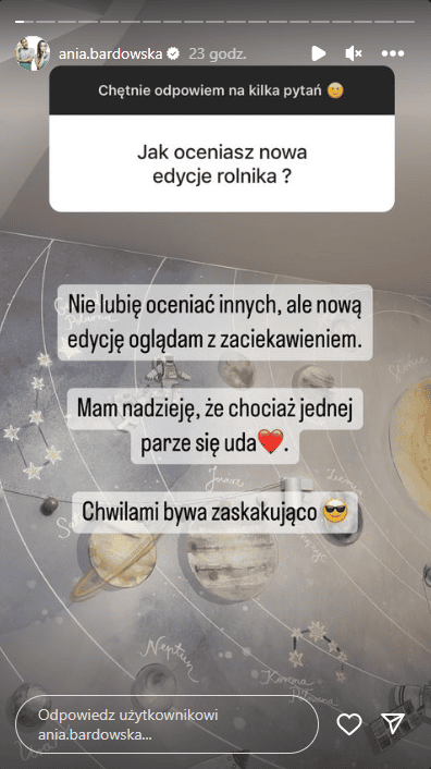 Ania Bardowska nie kryje zaskoczenia nową edycją programu „Rolnik szuka żony¨, fot. Instagram ania.bardowska.png