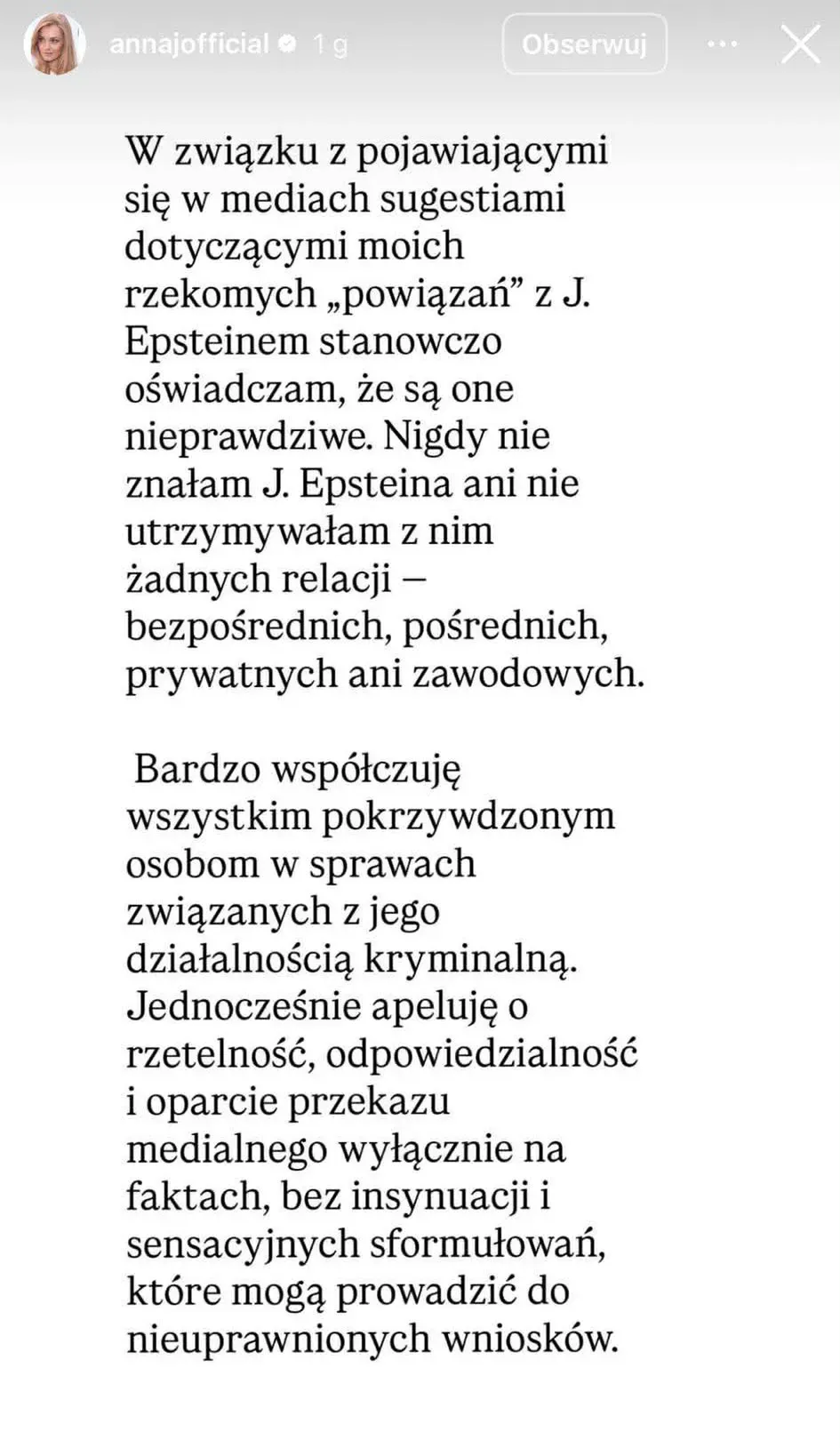 Polska modelka przerywa milczenie ws. akt Epsteina. Jej słowa mówią wiele