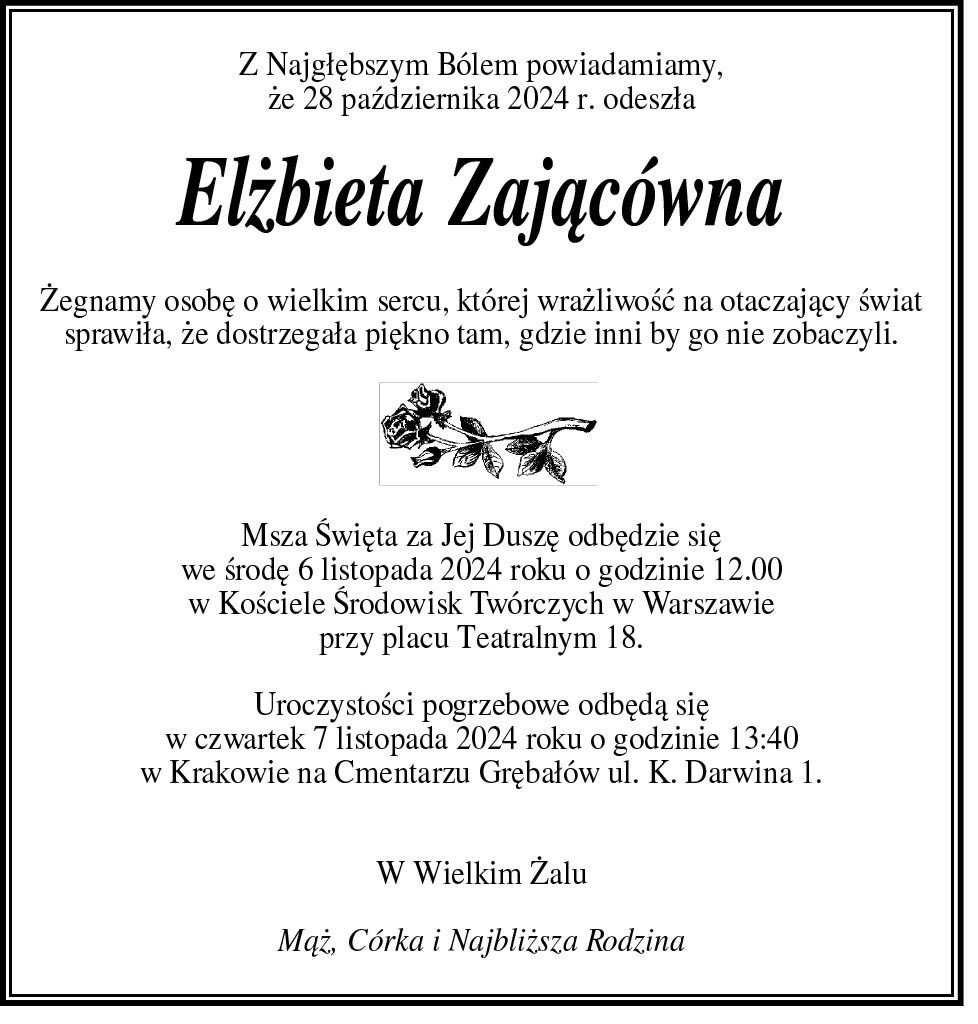 Elżbieta Zającówna- nekrolog, fot. Facebook