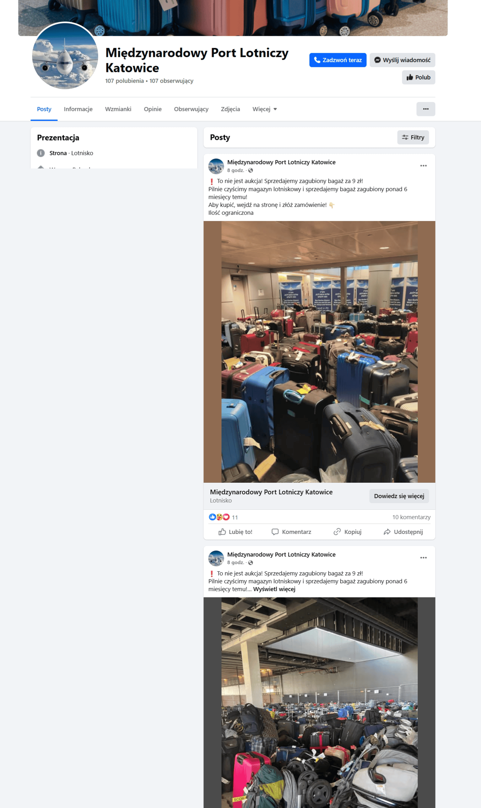 Fałszywy prfil Katowice Aiport,  źródło facebook.com.png