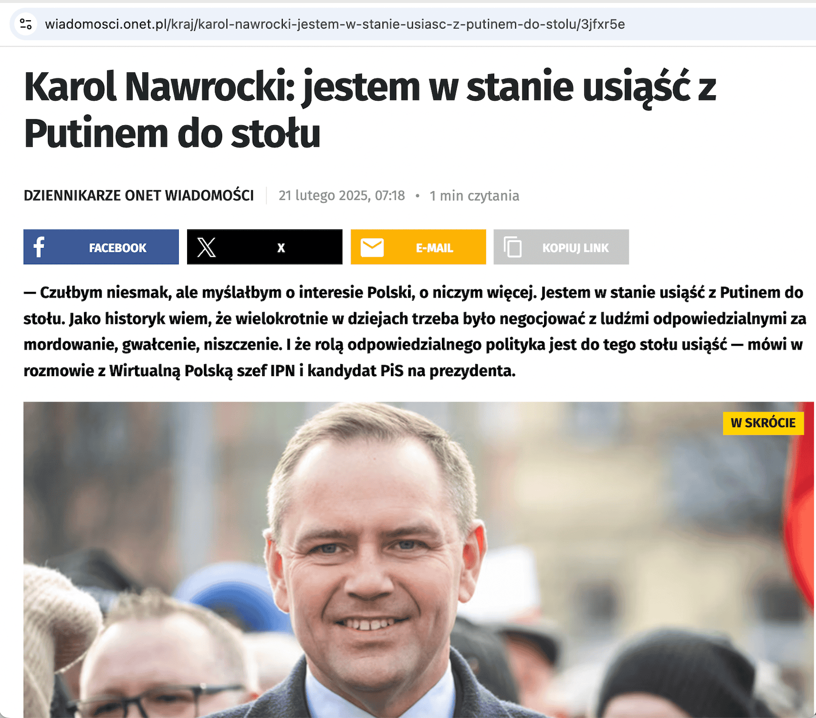 Jest gotów usiąść do stołu z Putinem. Co już wiemy o Karolu Nawrockim?