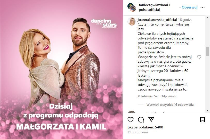 Joanna Kurowska po ostatnim odcinku programu „Taniec z Gwiazdami” stanęła w obronie Małgorzaty Ostrowskiej-Królikowskiej, fot. Instagram tanieczgwiazdami.JPG