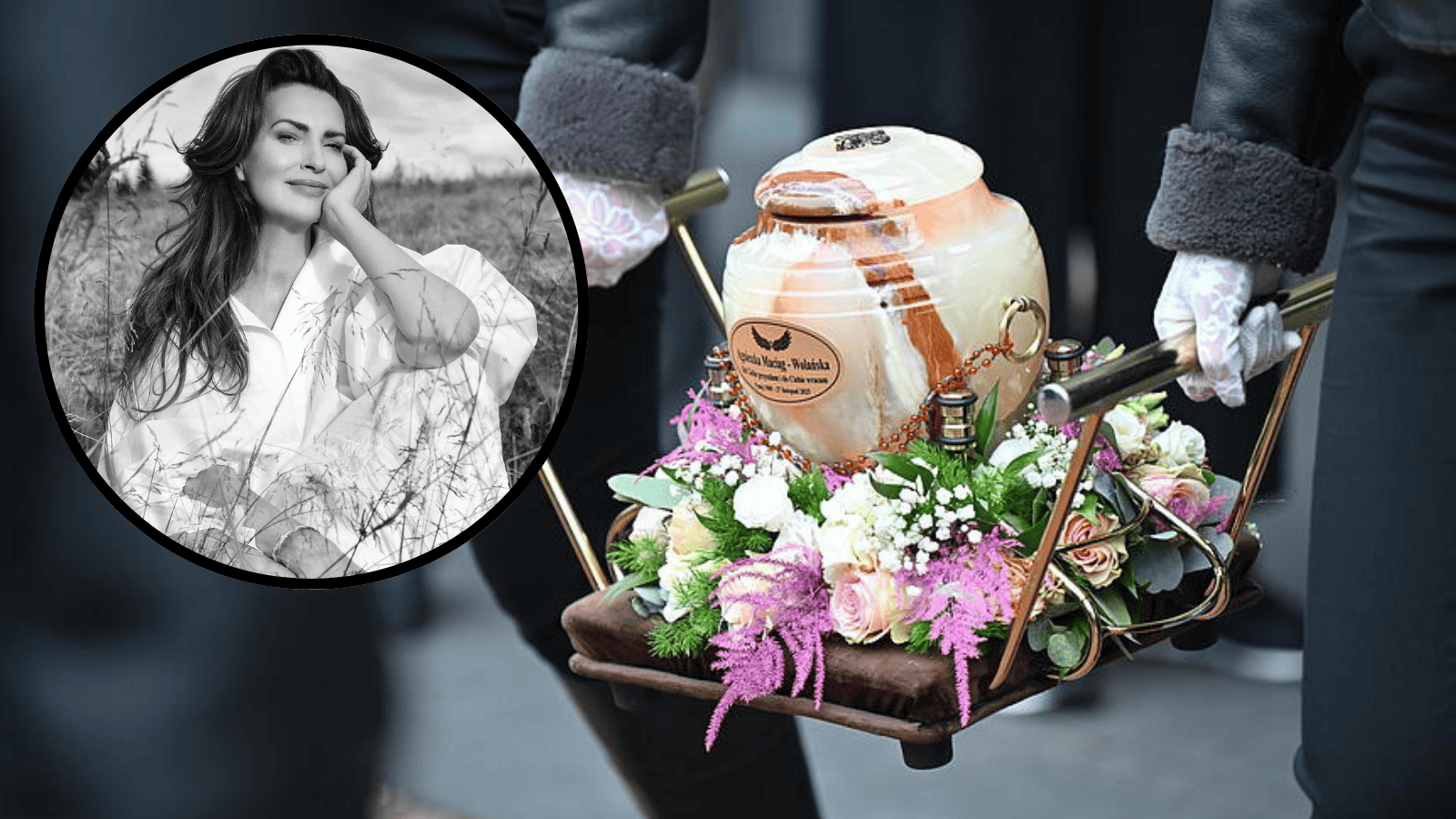 Urna z prochami Agnieszki Maciąg i obstawa. Niezwykły widok na pogrzebie modelki