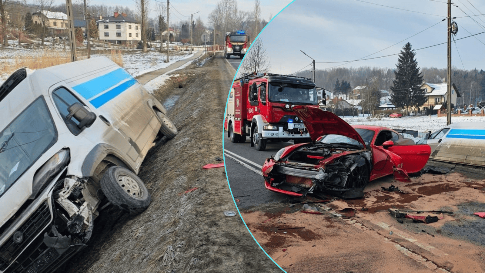 Karambol na drodze krajowej nr 19. Najpierw bus uderzył w porsche. Są poszkodowani