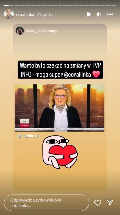 Karolina Opolska przykuła uwagę widzów TVP Info, fot. Instagram coraliinka 1.JPG