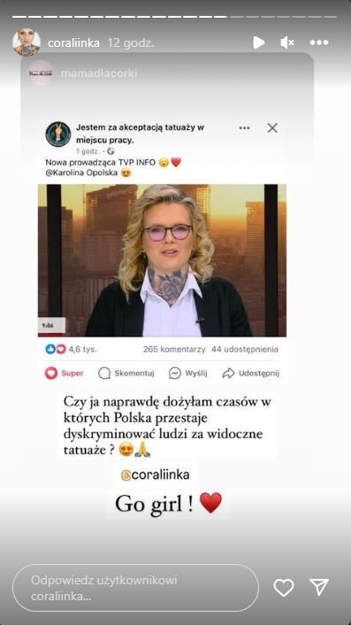 Karolina Opolska przykuła uwagę widzów TVP Info, fot. Instagram coraliinka 5.JPG