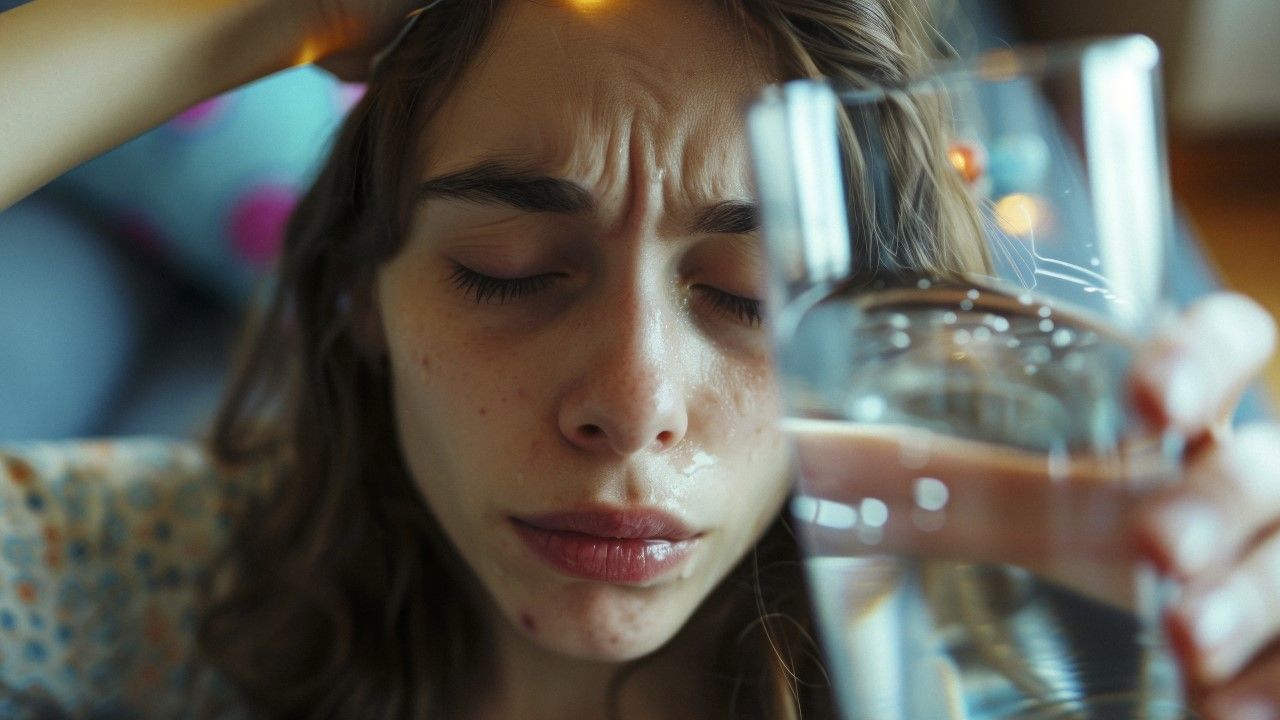 Kobieta z nieszczęśliwą miną pije szklankę wody
