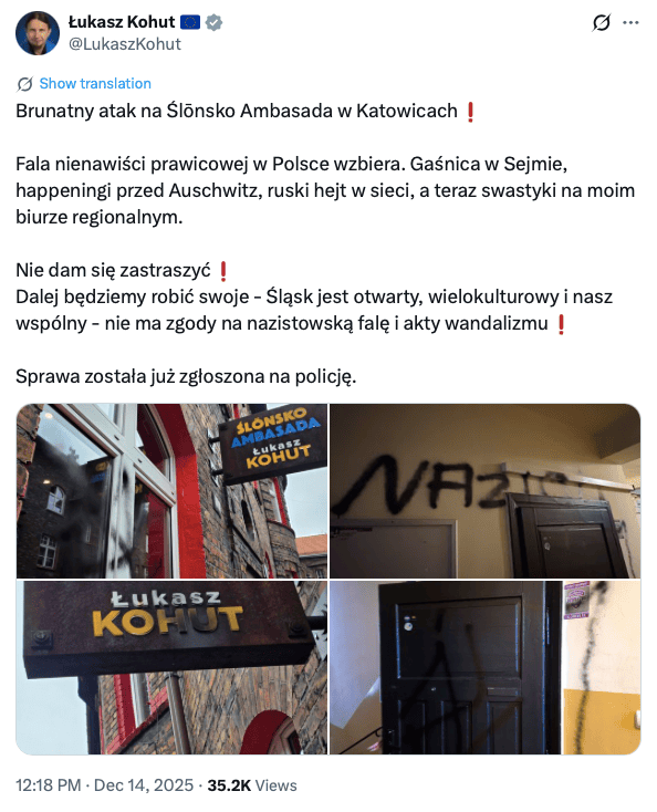 Zdewastowali biuro europosła KO.