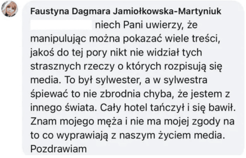 Komentarz Faustyny Martyniuk, fot. Facebook