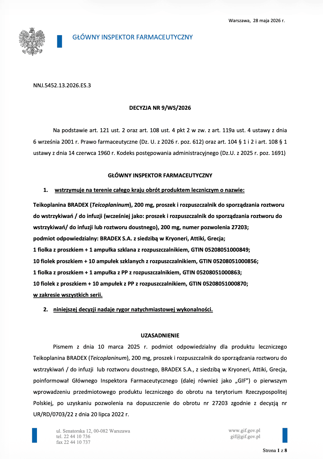Pilna decyzja GIF z 28 maja. Wstrzymano wszystkie serie tego antybiotyku