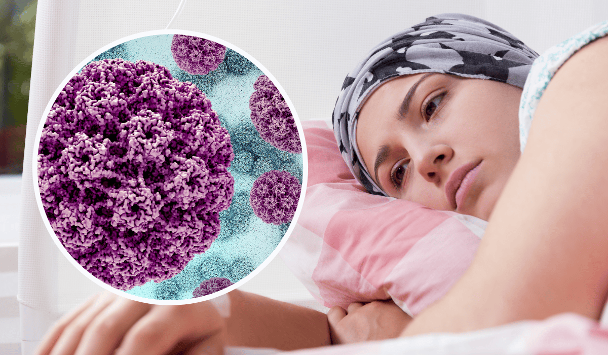 Młoda kobieta z chustką na głowie leży smutna na łóżku, obok w kółku widoczny wirus HPV
