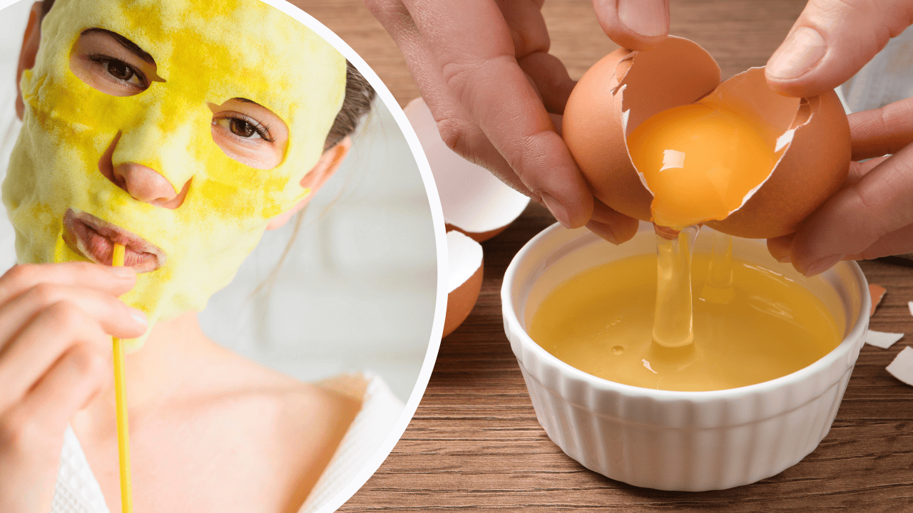 Kobieta z maseczką z jajek na twarzy, obok wbijanie jajek do miseczki