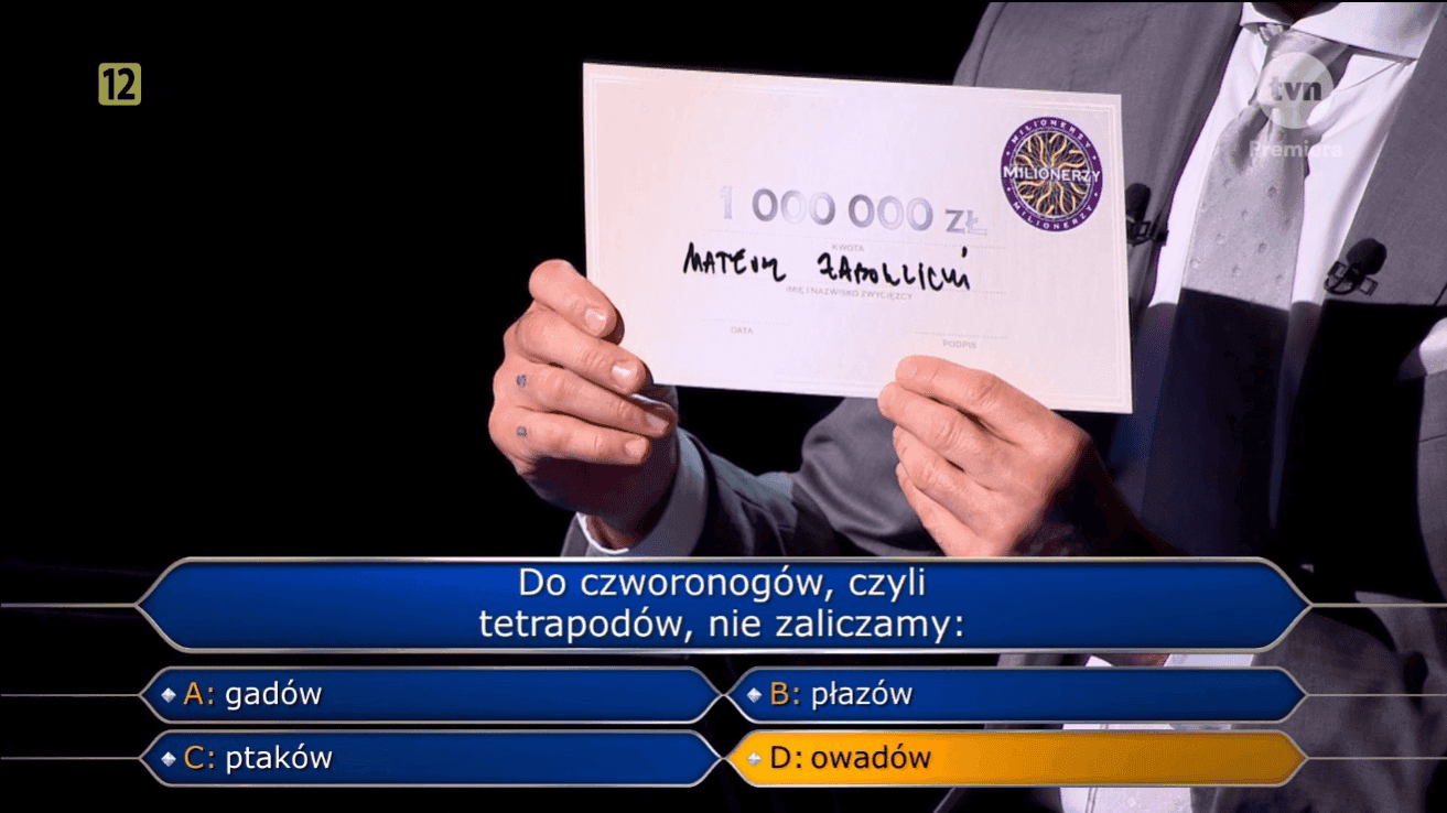 Mateusz Żaboklicki wygrał milion w programie „Milionerzy”, fot. kadr z programu „Milionerzy” prod. TVN 3.png