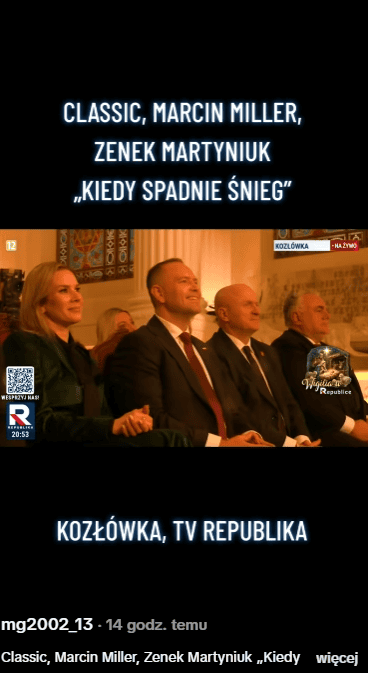 Świąteczne kolędy z Kozłówki na antenie Telewizji Republika. Para prezydencka zachwycona występami