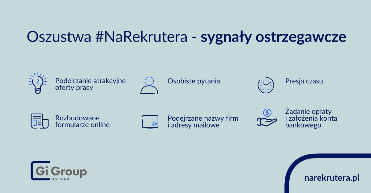 Infografika z sygnałami, że oferta może być oszustwem. Wymienione są np. wysoka atrakcyjność, presja czasu, konieczność założenia konta