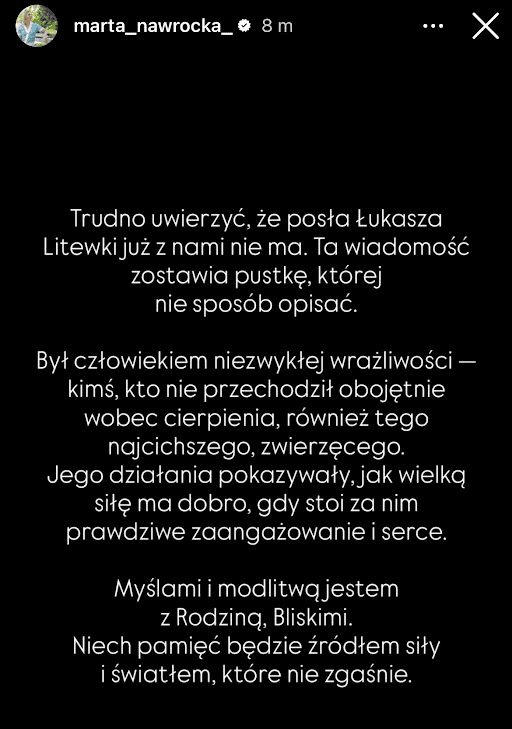 Marta Nawrocka zabrała głos po śmierci Łukasza Litewki. "Pustka, której nie sposób opisać"
