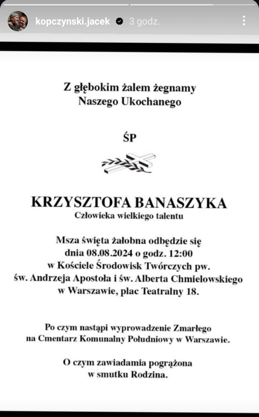 Nekrolog Krzysztofa Banaszyka, fot. Instagram