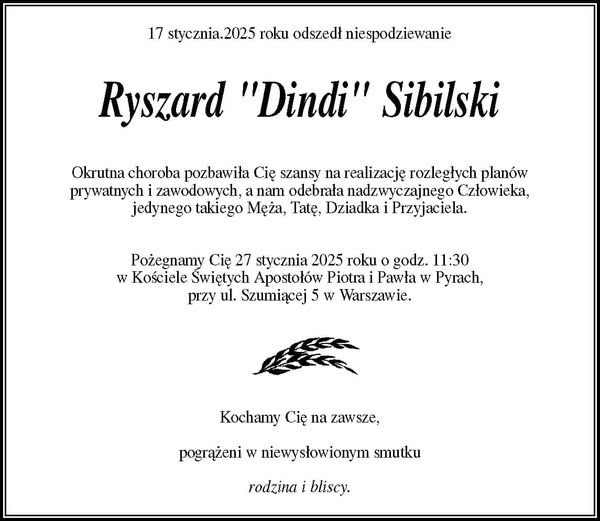 Nekrolog Ryszarda Sibilskiego, fot. Facebook