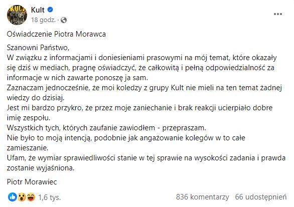 Oświadczenie członka zespołu Kult, fot. Facebook Kult.JPG