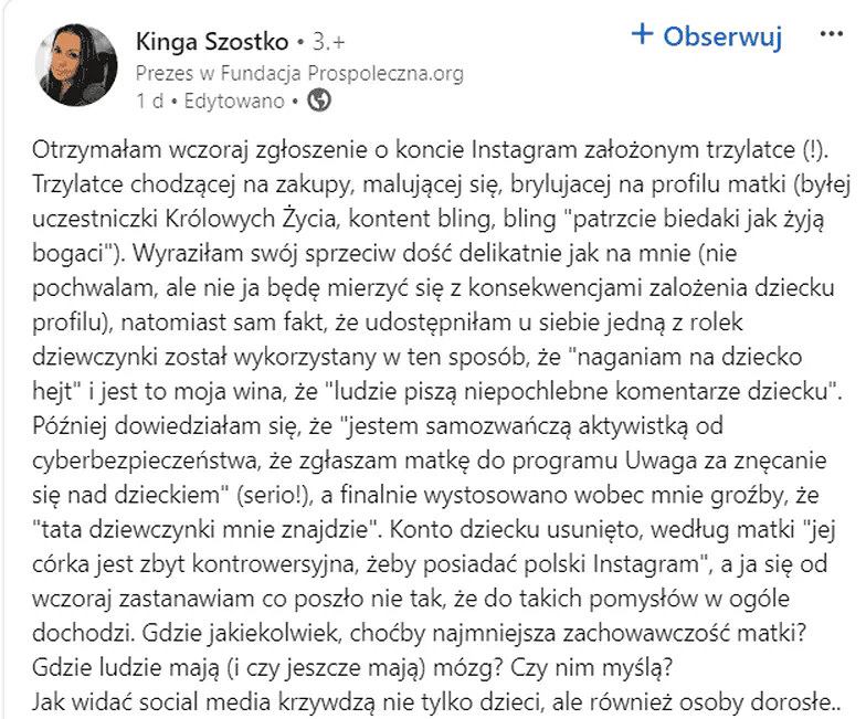 Post Kingi Szostko fot. Facebook