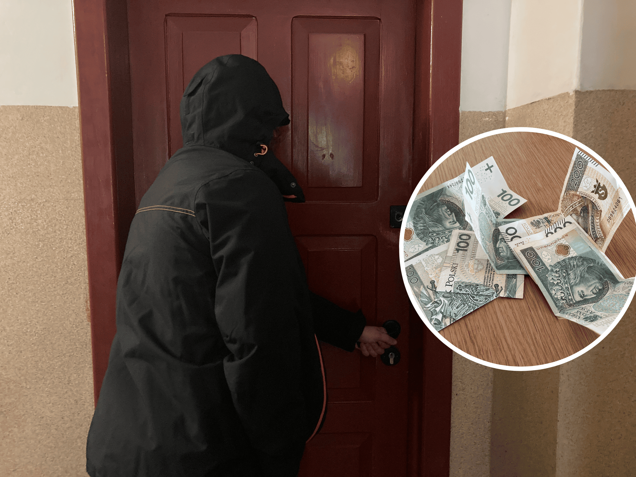 Mężczyzna pukający do drzwi, pieniądze, banknoty