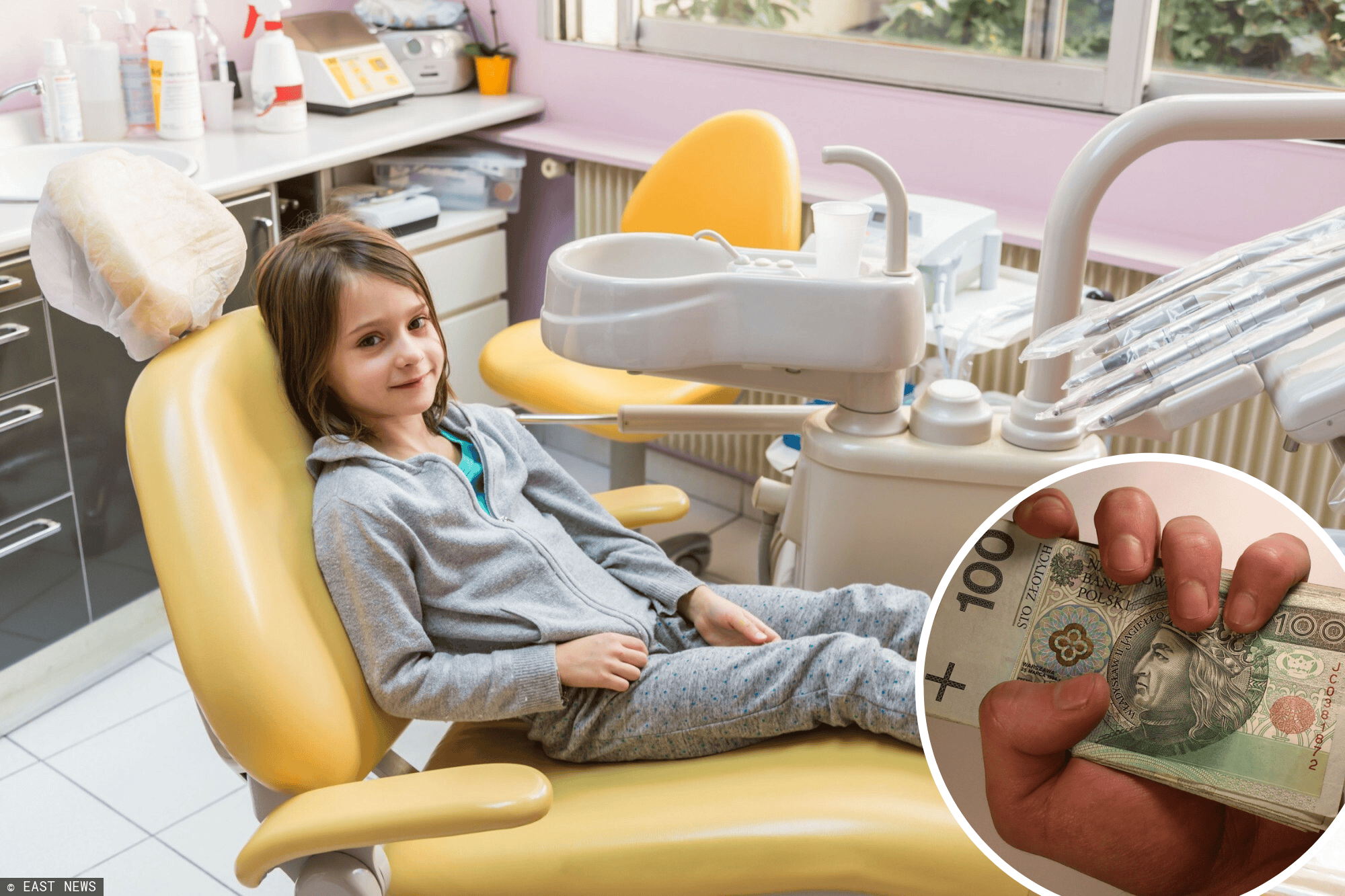 Dziewczynka na fotelu dentystycznym i pieniądze