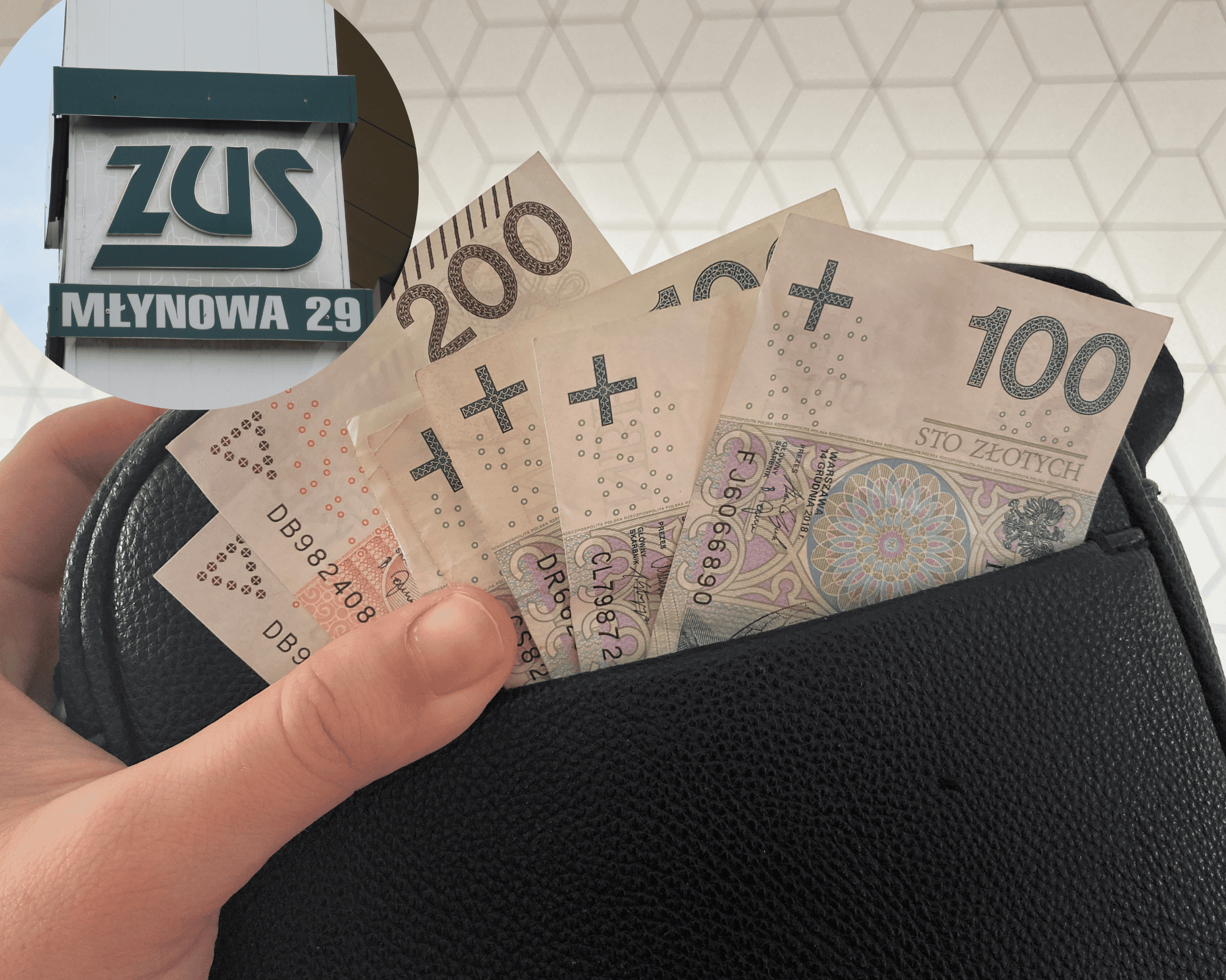 Pieniądze w portfelu i logo ZUS