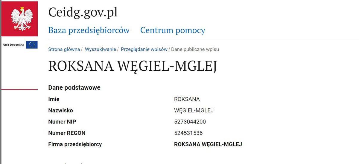 Roksana Węgiel zmieniła nazwisko, fot. ceidg,gov.pl