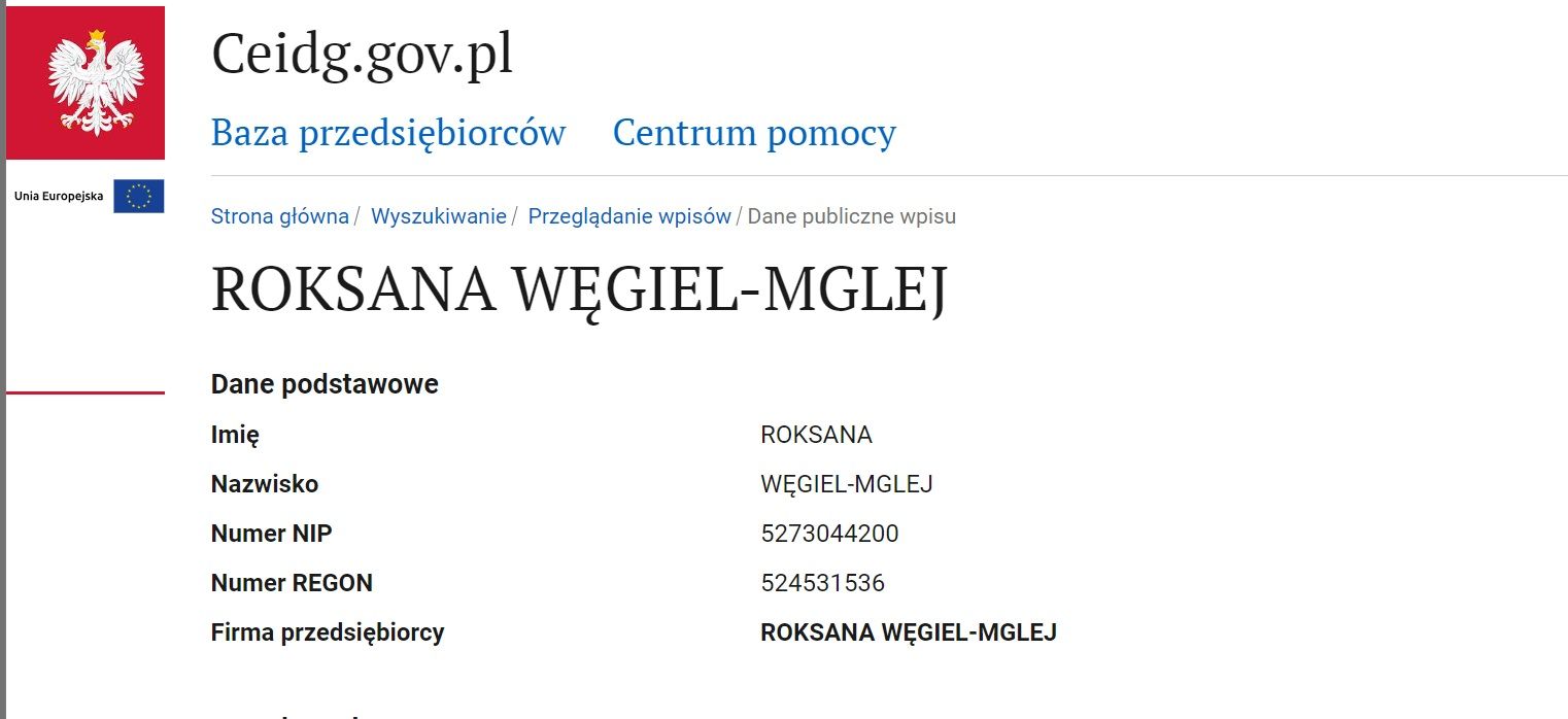 Roksana Węgiel zmieniła nazwisko, fot. ceidg.gov.pl