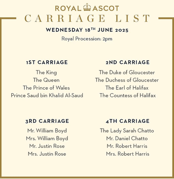 Royal Ascot Carriage List, fot. Instagram
