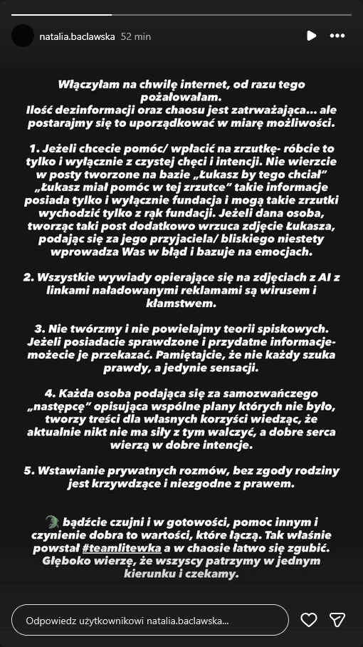 Nowy wpis partnerki Łukasza Litewki. Zaapelowała o jedno