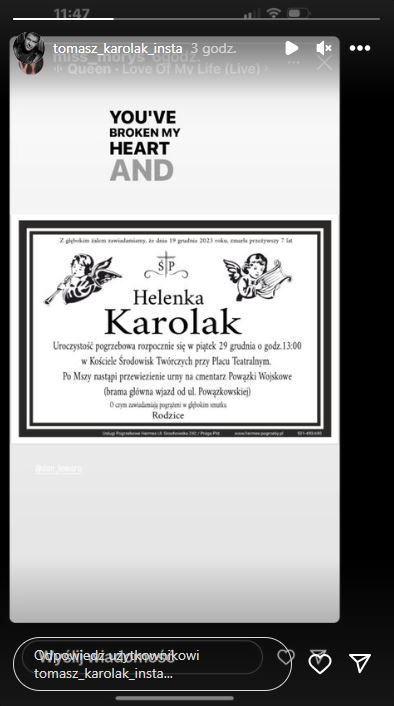 Tomasz Karolak przekazał wieści na temat pogrzebu Helenki, fot. Instagram tomasz_karolak_insta 1.JPG