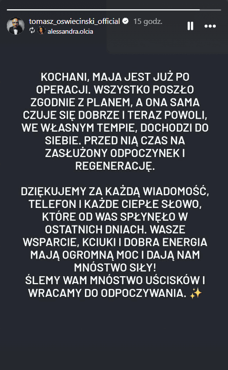 Oświeciński poinformował ws. córki. 17-latka wybudziła się po operacji