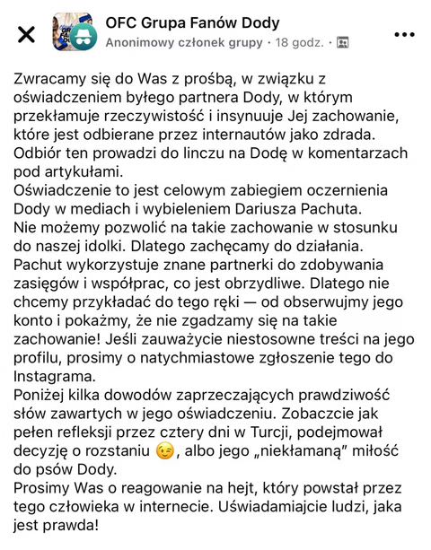 Wpis fanów Dody, fot. Facebook