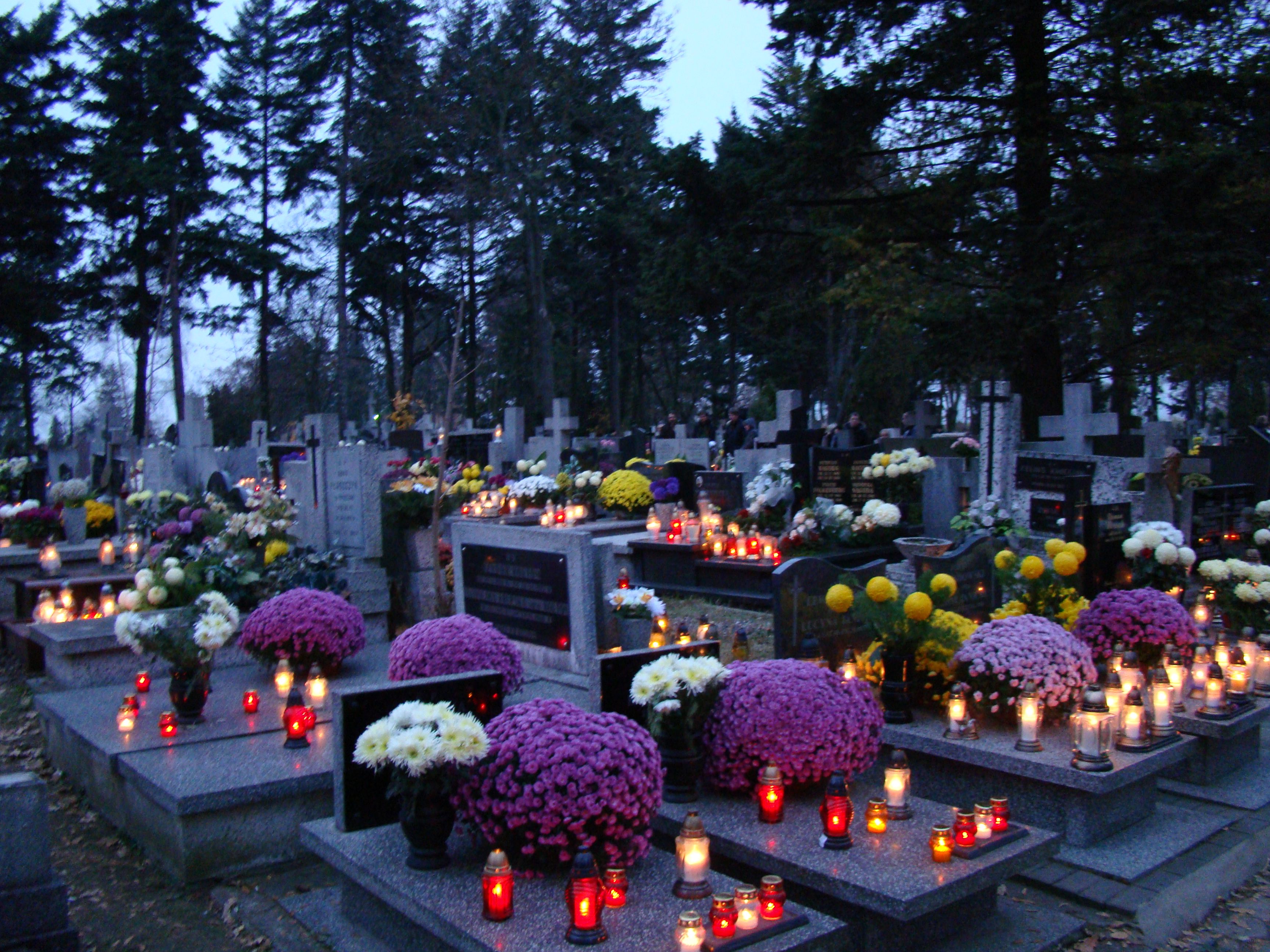Groby, kwiaty, znicze, święto