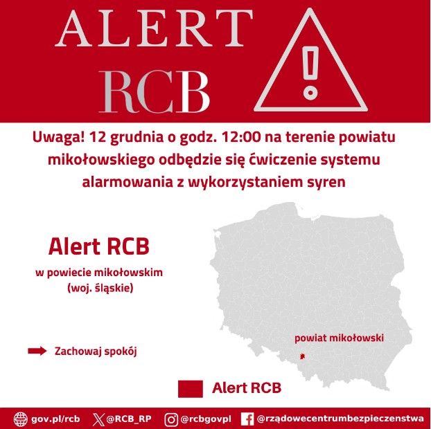 RCB rozsyła alert. W polskim mieście o 12 rozbrzmią syreny, apelują o spokój