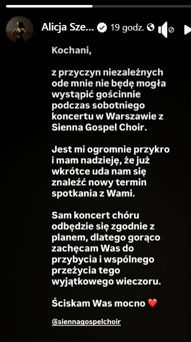 Alicja Szemplińska późnym wieczorem odwołała koncert. Przekazała smutne wieści