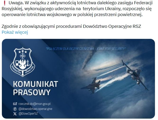 Polskie myśliwce w powietrzu po nocnym ataku Rosji na Ukrainę