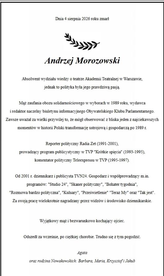 Żona przerwała milczenie po śmierci Morozowskiego. Tak go pożegnała publicznie