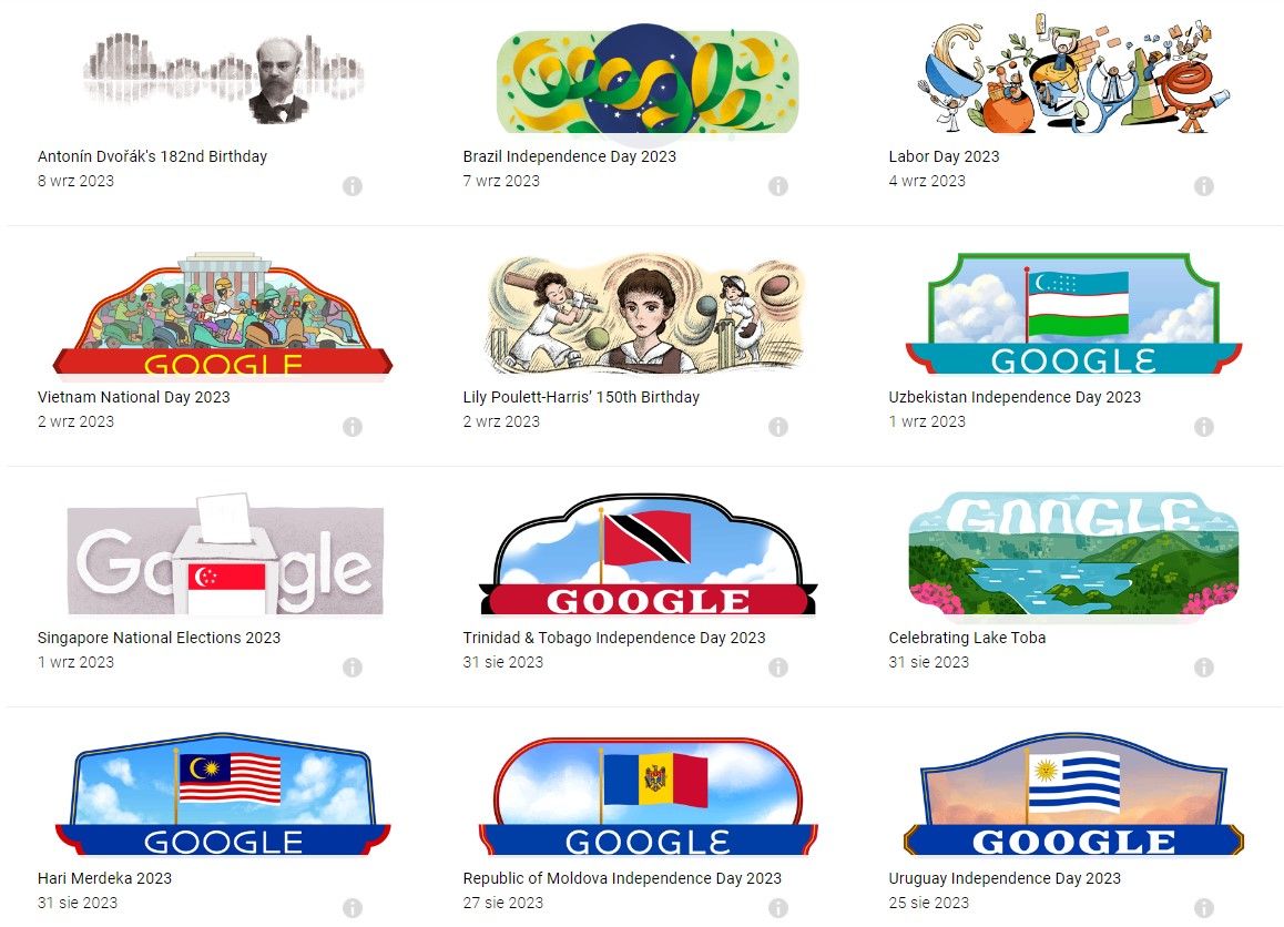 Různé verze loga Google na oslavu událostí.  Sváteční loga Google