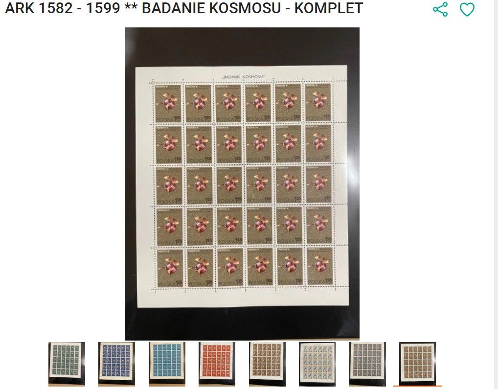 8 arkuszy znaczków z serii Badanie Kosmosu