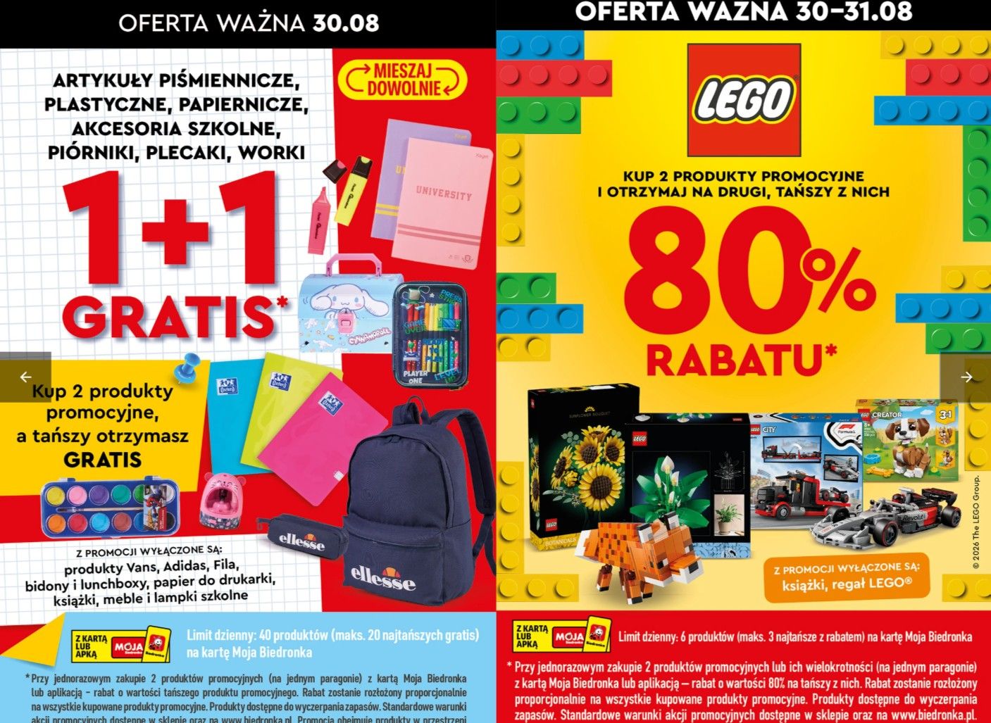 Biedronka kusi przed szkołą. 1+1 gratis, LEGO taniej i 250 zł w voucherach